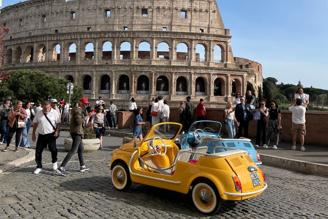 Cruise through iconic landmarks in vintage electric-powered cabrio